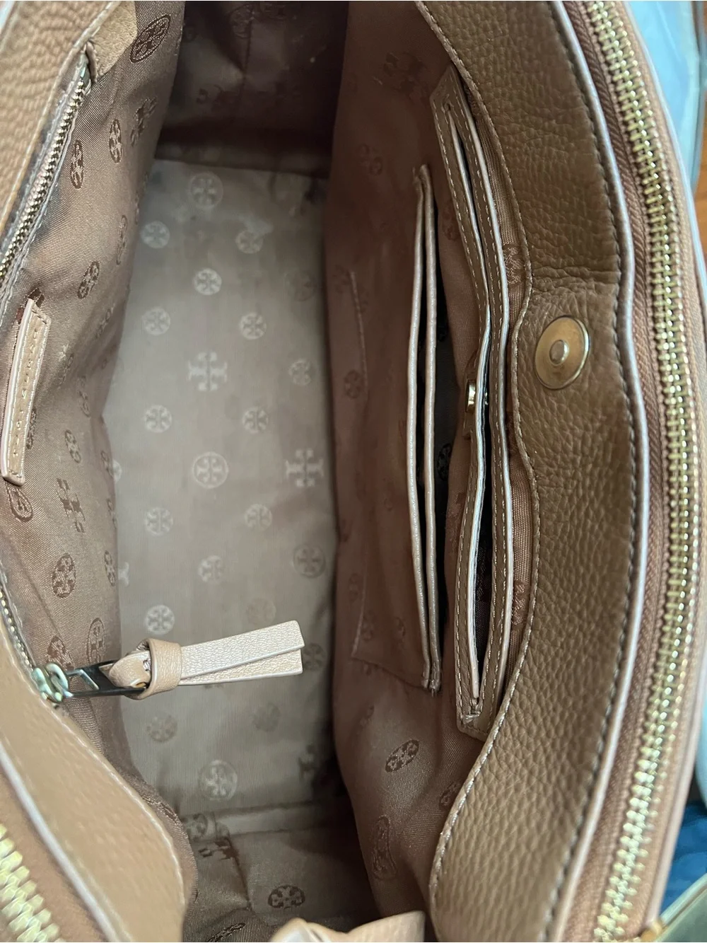 Tory Burch Tan Pebbled Leather Satchel with Wallet and Pom Charm